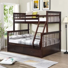 Twin Over Full Bunk Bed with 2 Storage Drawers Convertible Platform Bed Espresso