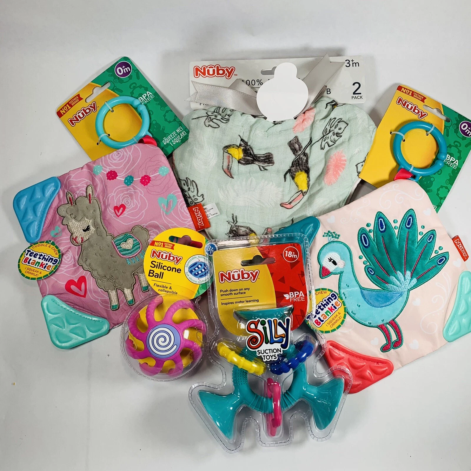 Baby Girl Toy Set & Muslin Teething Bibs Sensory, Crinkles - Lot- Nuby
Opens in a new window or tab