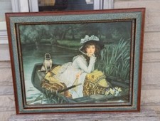James Tissot Old World Young Woman In Boat Bulldog Dog 28" X 34" Framed Print