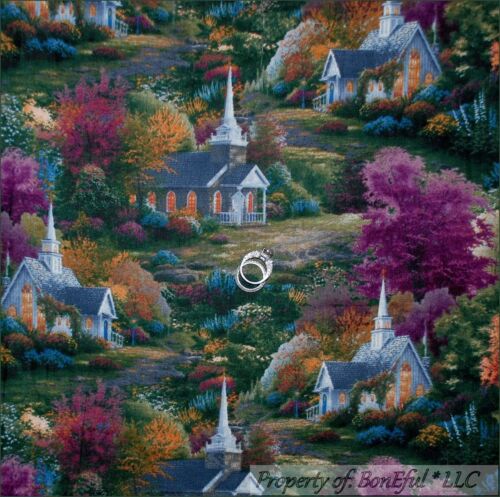 BonEful Fabric Cotton Quilt Thomas Kinkade Cottage Scenic Church Flower MI SCRAP - Imagen 1 de 13