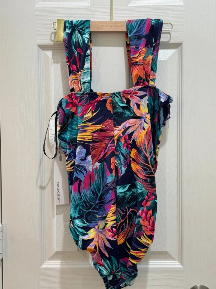 Traje de baño de una pieza Magicsuit by Miraclesuit 12 nuevo con etiquetas azul marino multi tropical acanalado Foto 4 de 4