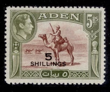 ADEN GVI SG45, 5s on 5r red-brown & olive-green, NH MINT. Cat £30.