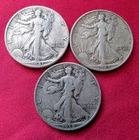 Walking Liberty Half Dollars, 1938, 1941, and 1943, Lot of 3 90% Silver Coins