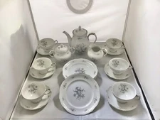 JYOTO China 23 Pc Tea / Dessert Set Gray Rose Hint of Pink Platinum Edge 1960s