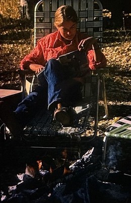 Vintage Photo Slide 1979 Woman Reading Campfire Lawn Chair Outside