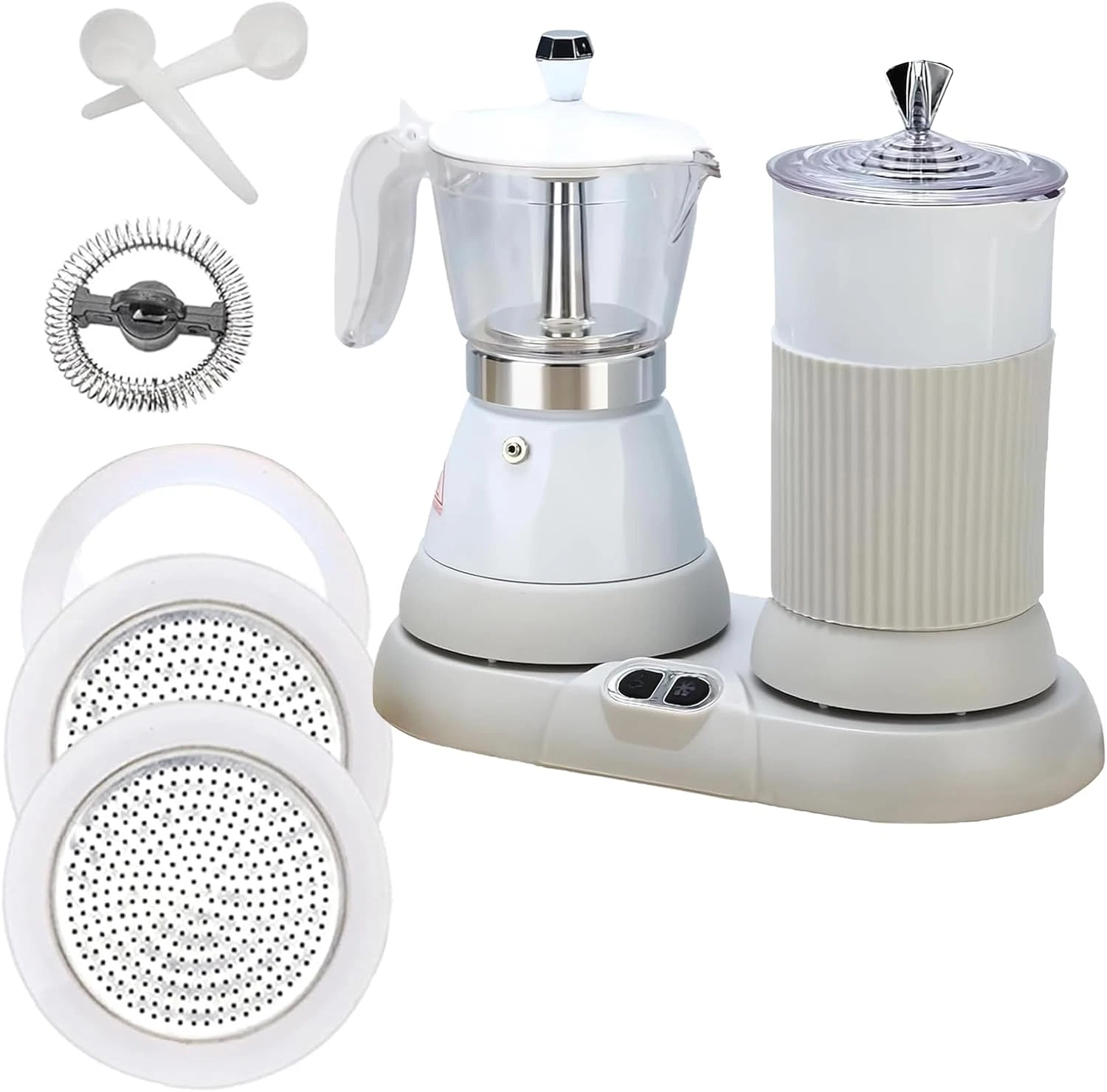 2-in-1 Espresso Maker & Milk Frother - White Electric Moka Pot with Filters
