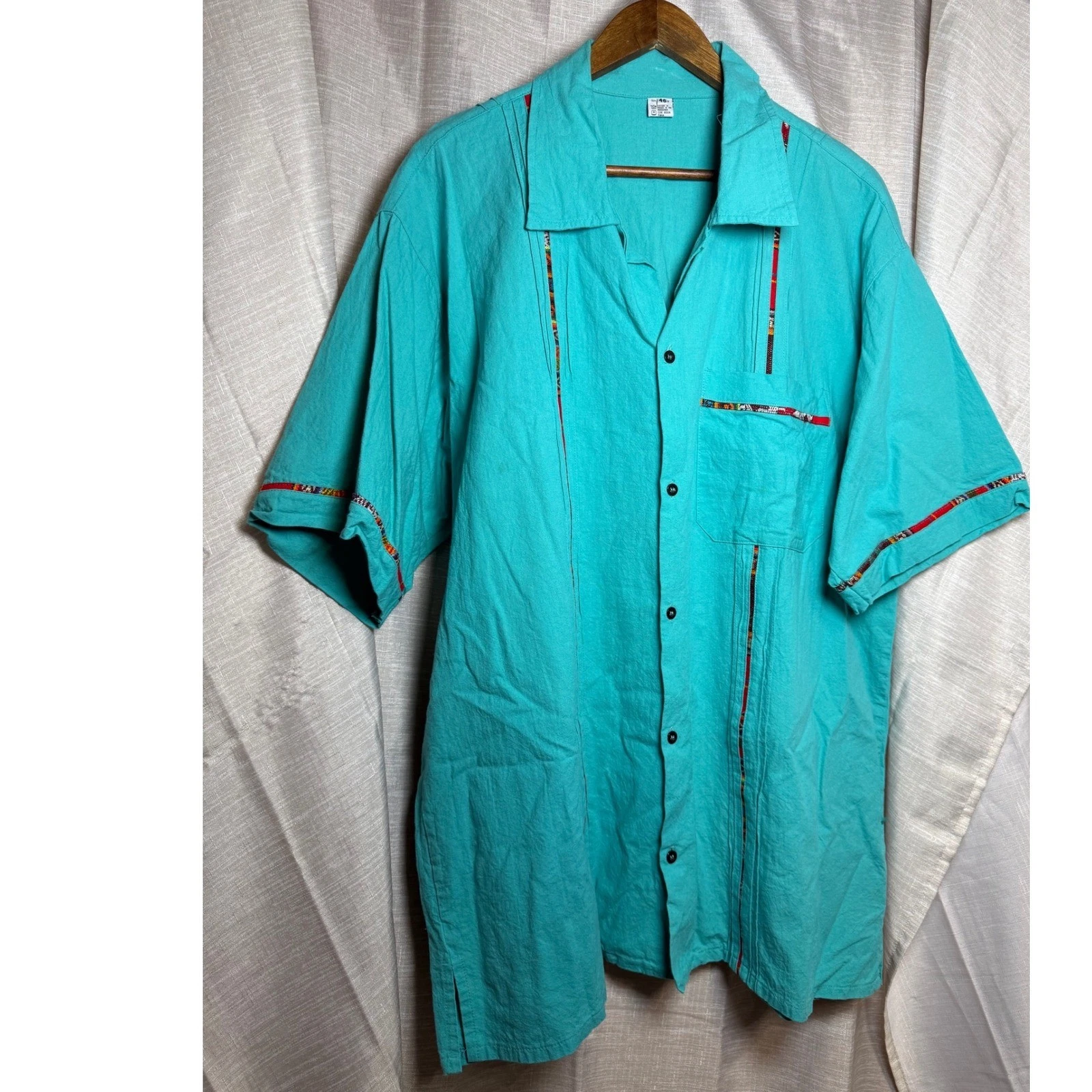 Mens Teal Tropical Resort Button Up Short Sleeve Shirt Embroidered Trim