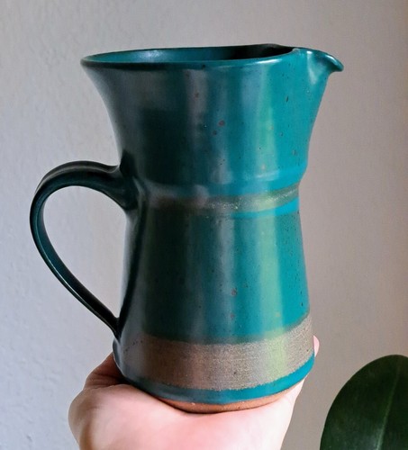 Vintage Studio Pottery Thrown Teal Small Pitcher Stoneware 6" Rustic Decor Gift - Picture 5 of 5