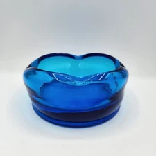 BLENKO Ashtray Dish Blue Glass Dimple Rim Heavy Cigar Cigarette Brushes MCM 