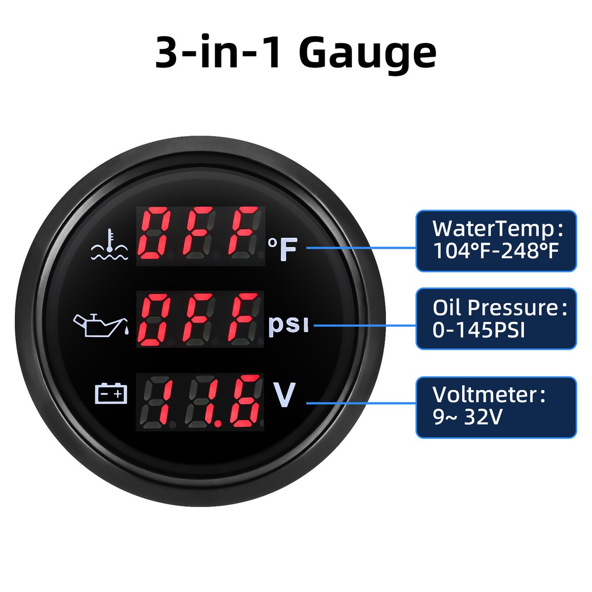 POINT ３FM-VERSATILITY 52mm 3 IN 1 Multifunction Gauge Car Digital Oil Pressure Water
