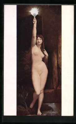 Artist postcard Let there be light naked woman holding up a light nude 