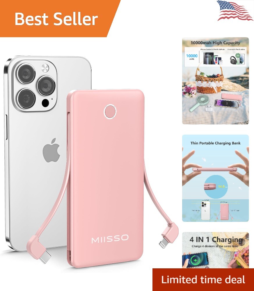 Compact Portable Charger with Integrated Built-in Cable - Universal Compatibility for All Devices - Fast Charging Power Bank for Smartphones, Tablets, and More - Lightweight and Travel-Friendly Design.-image