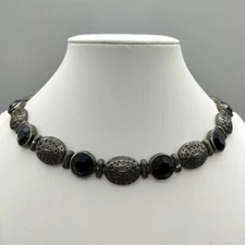 Boho Chic Bold Black Silver Tone Statement Collar Necklace 18" Vintage Y2K Club