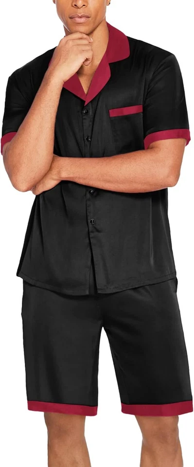 Conjunto de pijama masculino de seda cetim 2 peças shorts com botões e bolsos P-3XL verão - Imagem 4 de 4