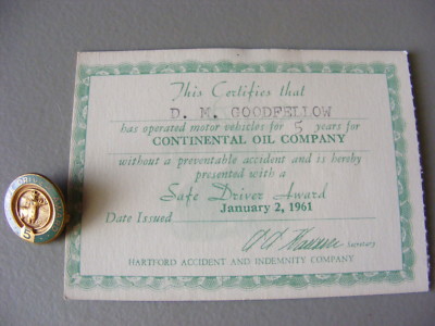 Vintage  1961 Continental Oil Company Conoco Safe Driver Certificate With Pin