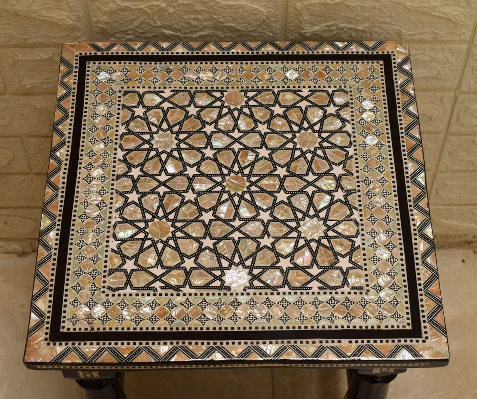 Egyptian Side Table, 14" Square Moroccan Mother of Pearl Bedside Coffee Table - Image 3 of 4