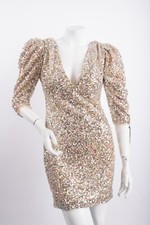 IEENA for MacDuggal Womans Sequined Dress Mini Puff Sleeve Sz 6 Beige Multi NWT