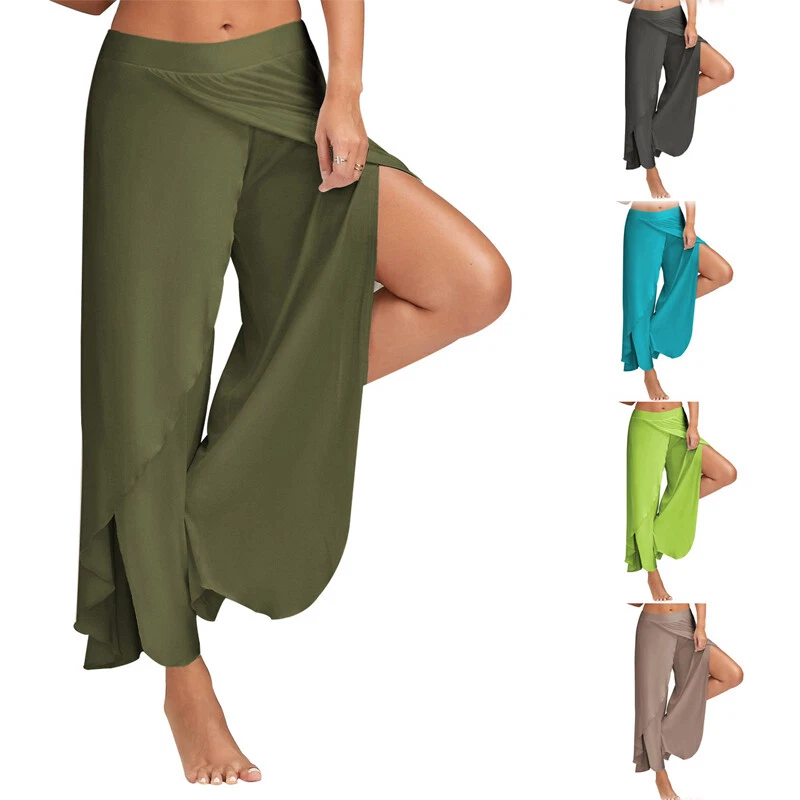 Women Harem Palazzo Yoga Split Pants High Waist Holiday Loose Wide Leg  Trousers