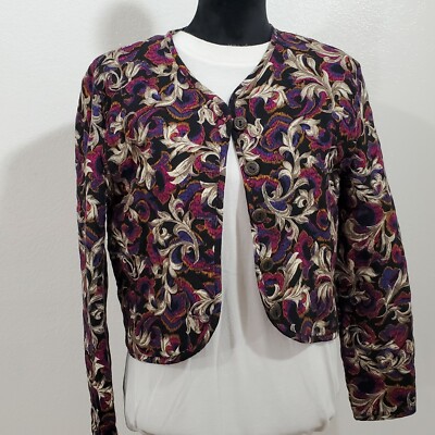 First Option Jacket Top Shirt Blouse Women's S  Button Up Black Red Floral Rayon