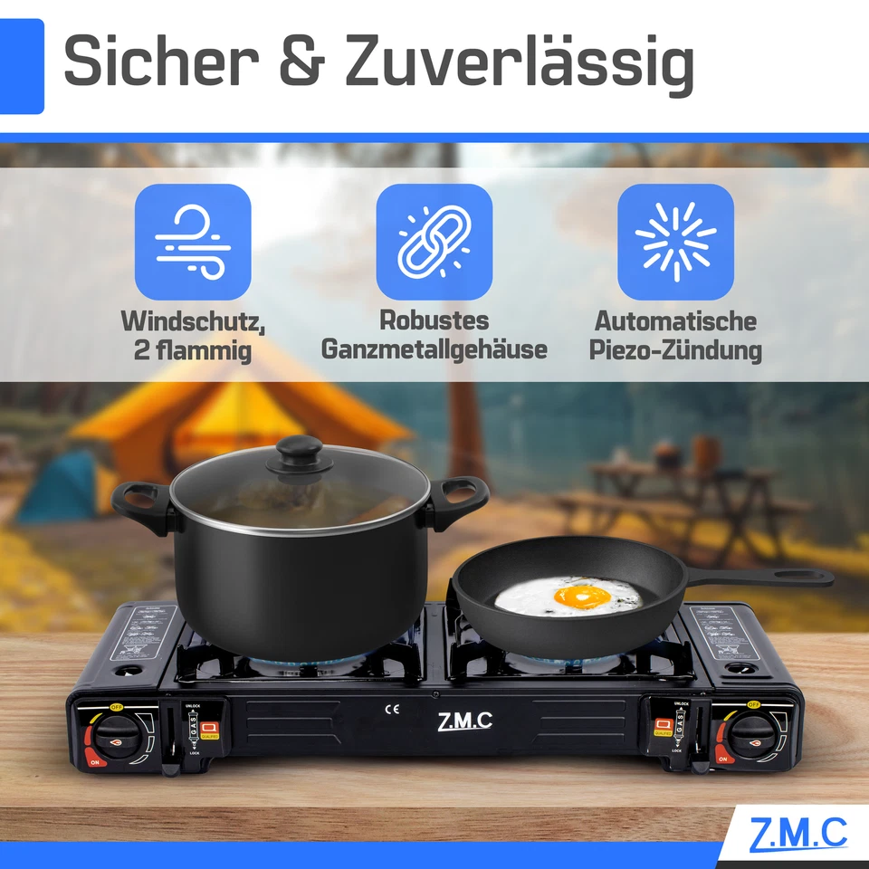 2 flammig Campingkocher Outdoor Camping Gas Kocher Grillplatte +16x Gaskartusche - Bild 4 von 4