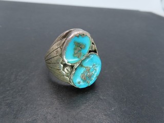 Vtg Mens Sterling Silver & Turquoise Ring Unsigned Size 11.75 20.7g