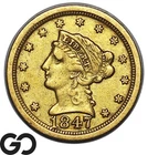 1847-O Gold Quarter Eagle, $2.5 Gold Liberty, Rotated Die Error, Better Date