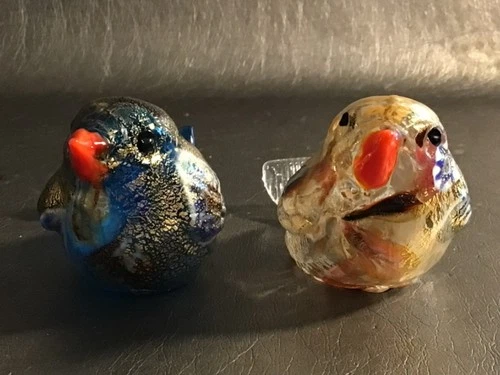 2 Murano? Art Glass Pair of 3” Birds ~ Blue & Gold Infused - Hollow