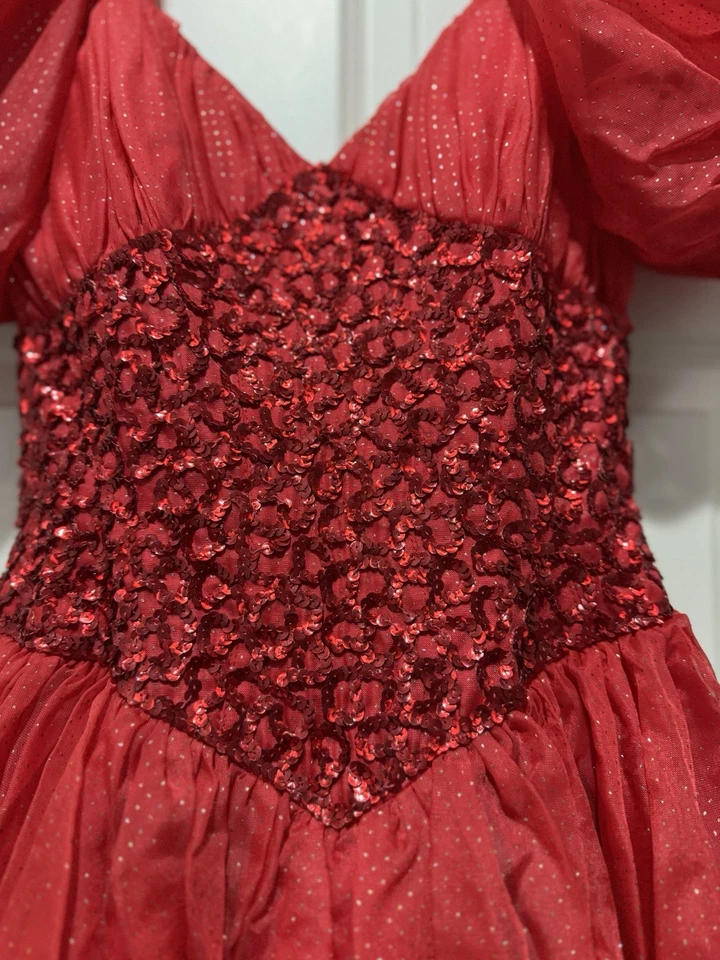 80’s Mike Benet Prom Dress Red Poof Sleeve Sequined Bodice, Metallic Swiss Dot - Image 3 of 4