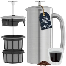 P7 French Press Coffee Maker - Double-Walled Stainless Steel Insulated with M...