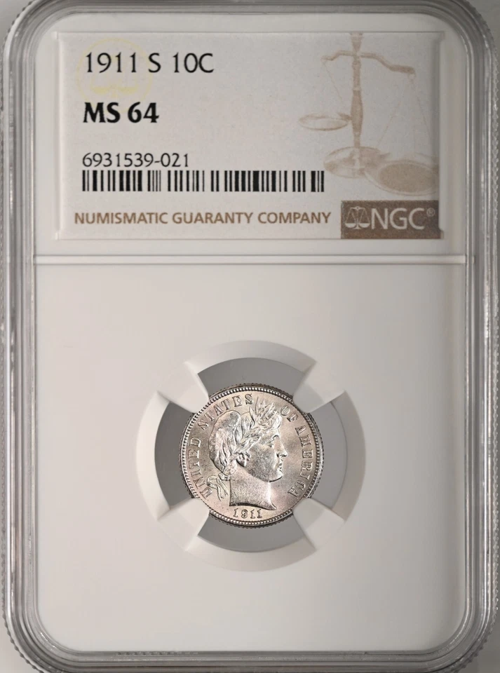 1911-S  10C  BARBER SILVER DIME SAN FRANCSICO MINT NGC MS64 #6931539-021 - Image 2 of 4