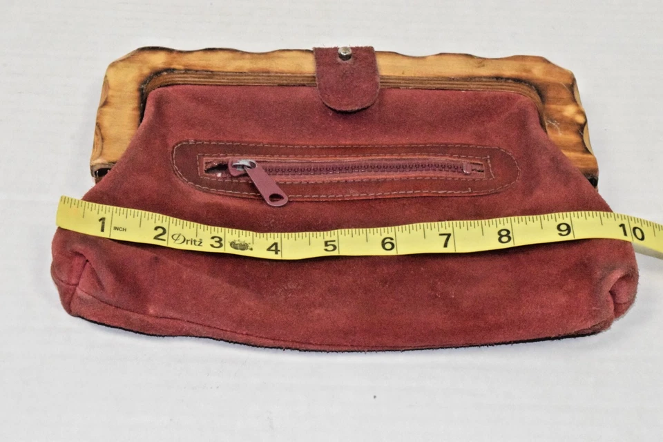 Bolso de mano de cuero vintage años 60 marrón rojizo gamuza asas mango de madera Foto 3 de 4
