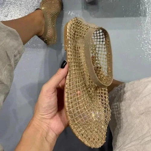 Damen-Sandalen bequem glänzend Edelstein Mesh flach Glitzer niedriger Absatz Slipper - Bild 6 von 14