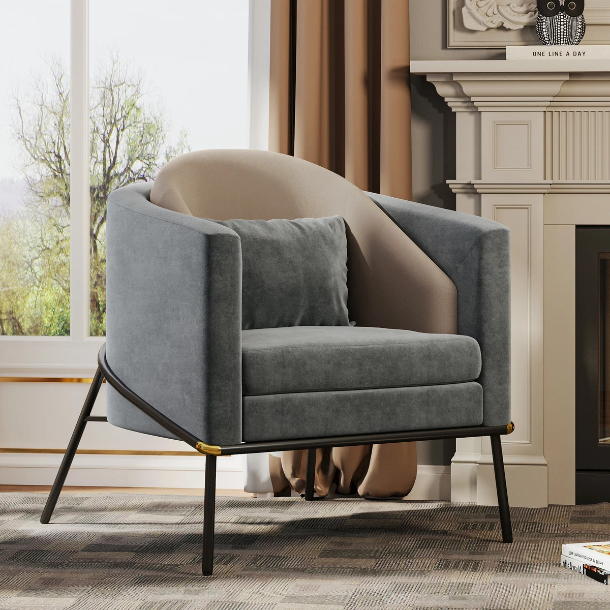 Nordic Grey Upholstered Club Chair Black Metal Legs Dining Accent Chair for Home