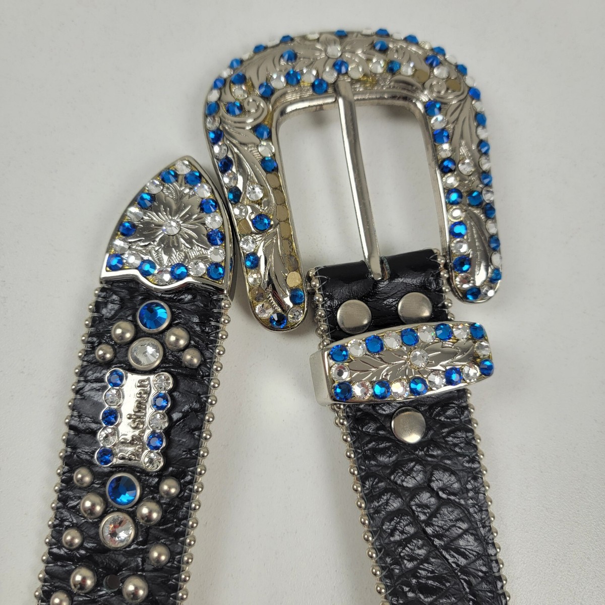 b.b.simonストーン付き黒レザーベルト B.B.SIMON BLACK DIAMOND BELT