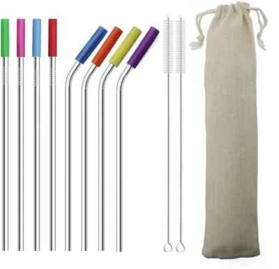 EZI-TECH Metal Drinking Reusable Stainless Steel Party Straws Durable Easy Clean Set 10