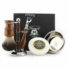 5 Pcs Wooden Shaving Set For Men's Badger Hair Brush & 3 Edge Razors Wood Grips
