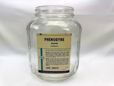 Vintage Clear Ribbed Corners Glass Medicine Jar Bluline Analgesic Tablet Label