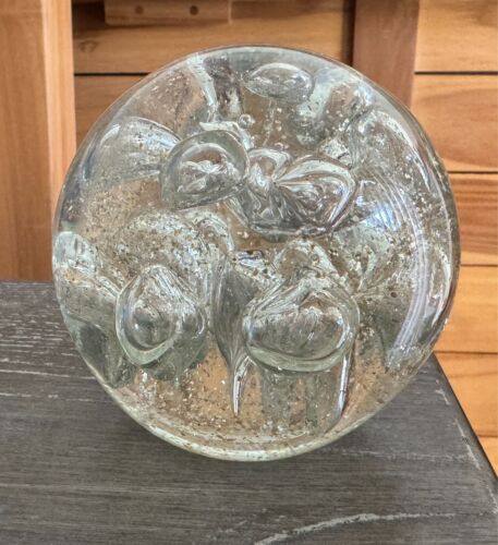 Parlane Heavy hand blown art glass Paperweight, clear bubbles gold flecks 3.5" - Picture 2 of 4
