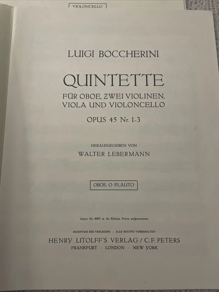 Boccherini Oboe Quintet. All Parts. Edition Peters EUC - Image 2 of 4