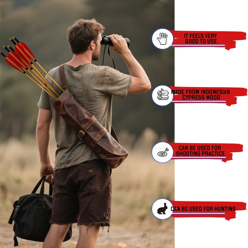 12Pcs Handmade Tradition 33" Wooden Arrow LongBow Red Turkey Feather Fletching - Image 2 of 4