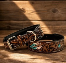 Western Leather Handmade Pet Dog Collar Heavy Duty Hand Tooled Adjustable