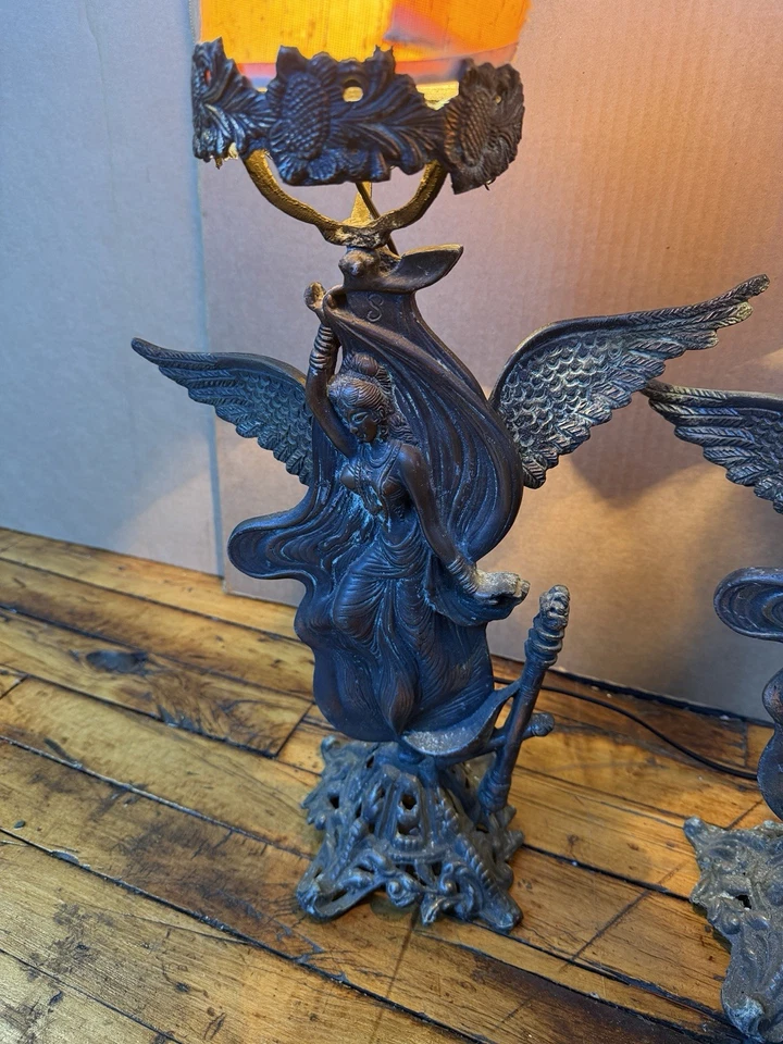 Vintage Antique Indian Hindu Winged Goddess Angel Lamp Bronze Finish Set of 2 - Image 2 of 4