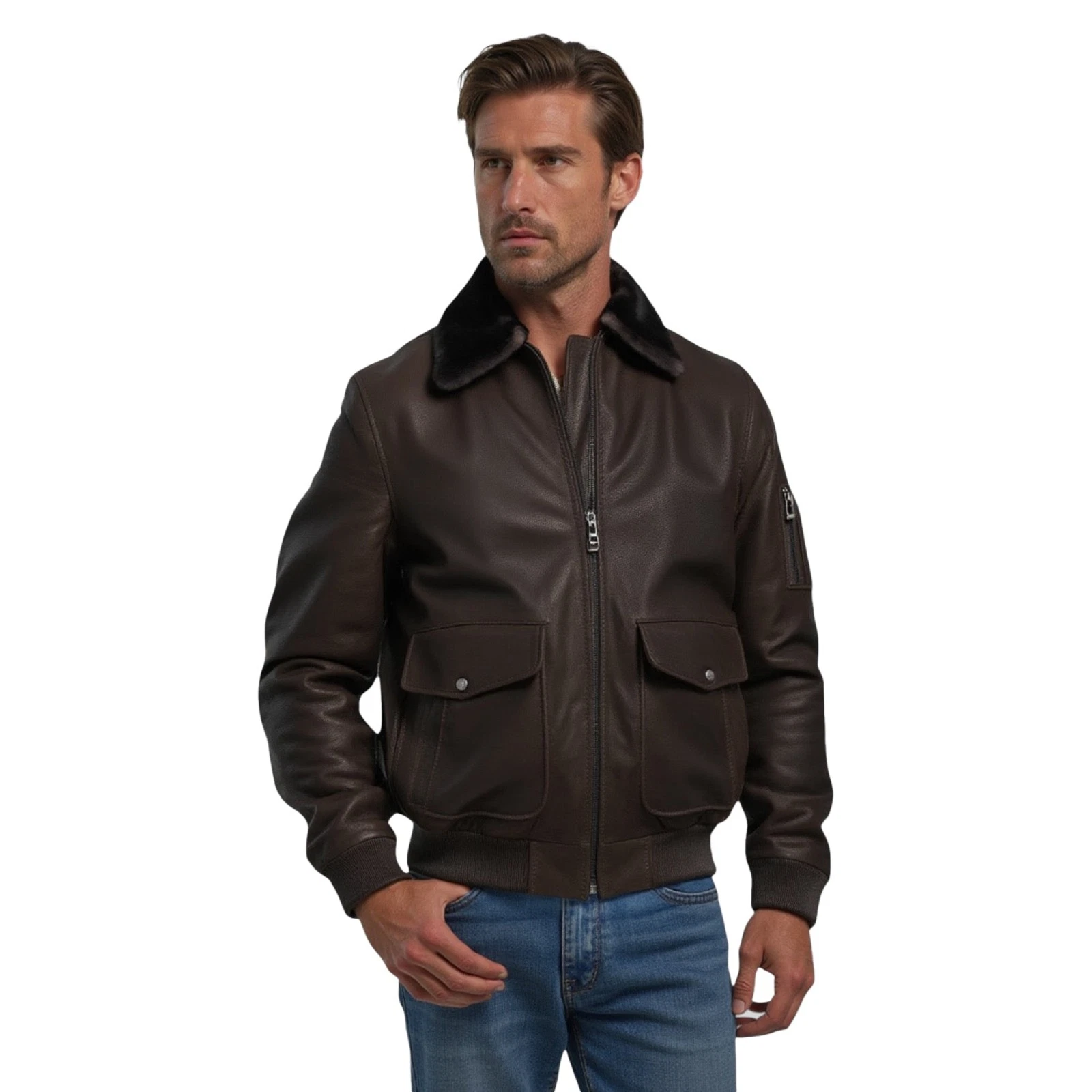Men's Brown Shearling Sheepskin Bomber Jacket Aviator Winter Biker Coat