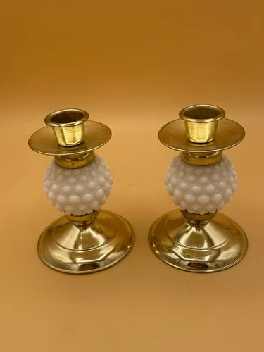 (354) Set of Brass Milk Glass Hobnail Sphere Taper Candle Holders Vintage