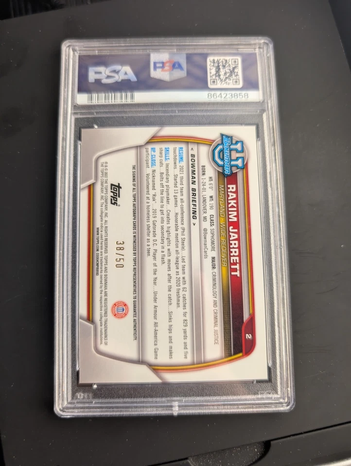 Rakim Jarrett Gold Lava Auto /50 2022 Bowman Chrome U University PSA 10 Gem Mint - Image 2 of 2