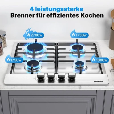 WEHIMO 59 CM Gaskochfeld Glas Einbau Kochfeld Gaskocher 4 flammig Einbauherd NG/LPG
