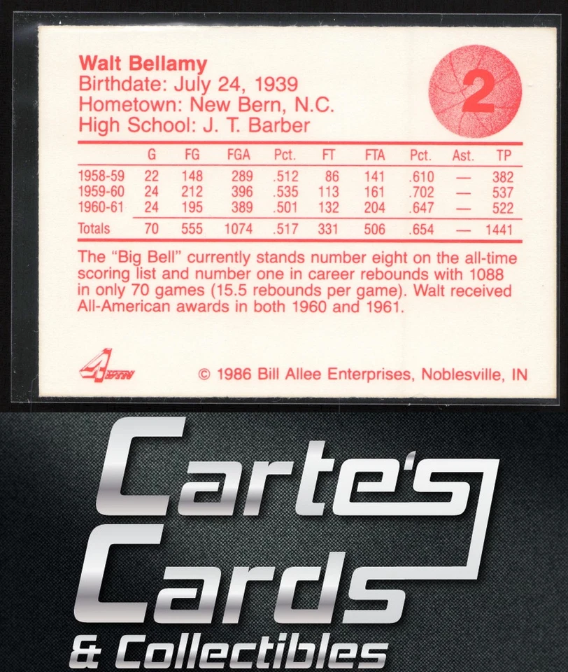 Walt Bellamy 1986-87 Bank One Indiana Hoosiers All-Time Greats of IU #2 - Image 2 of 2