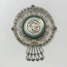 Vintage Sterling Silver Mexican Brooch Pin Aztec Mayan Temple Desert Scene