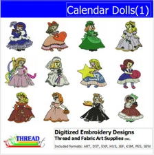 Embroidery Design Set - Calendar Dolls(1) - 12 Designs - 9 Formats - USB Stick