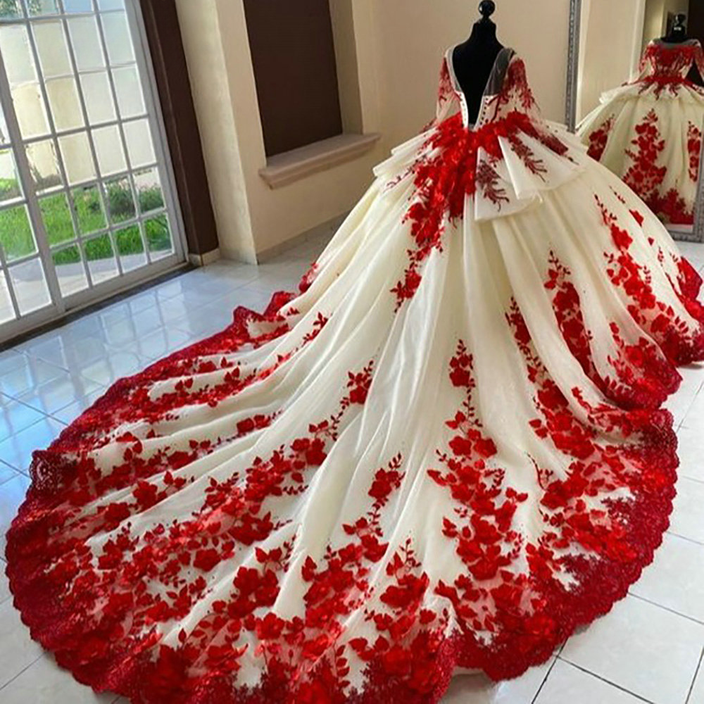 red corset wedding dress Blooming red lace short sleeves bustier corset drop waist ball gown wedding dress with court train & tulle skirt